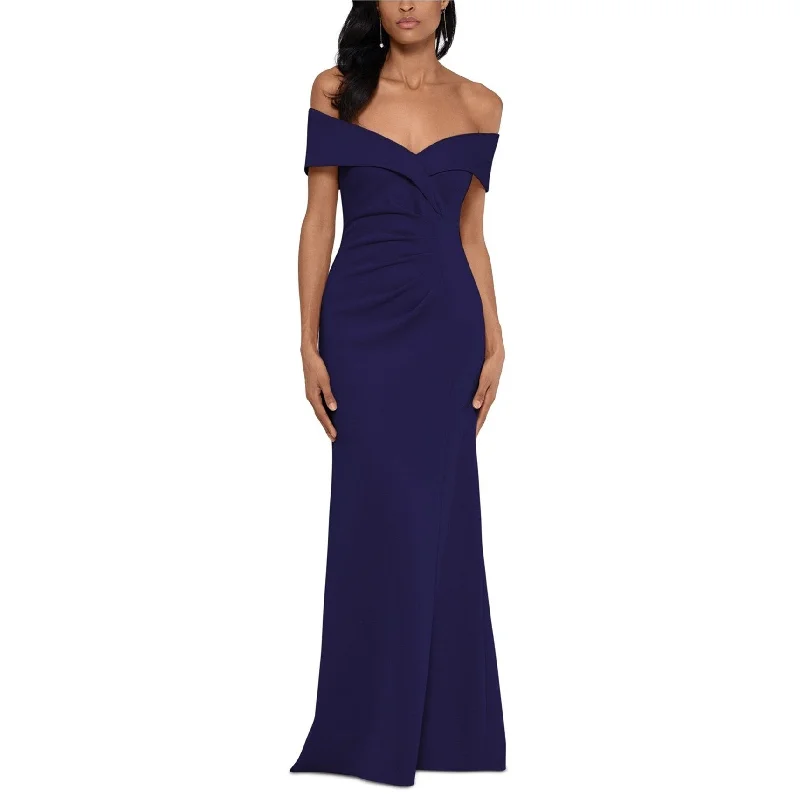 Navy Party Evening Dress-Xscape Womens Ruched Gown Off-Shoulder Dress