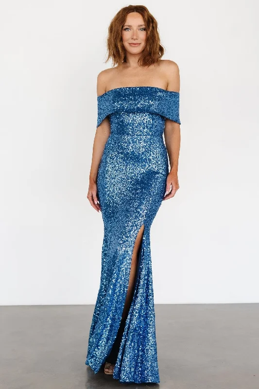 Maternity Evening Dress-Yvonne Off Shoulder Sequin Gown | Blue