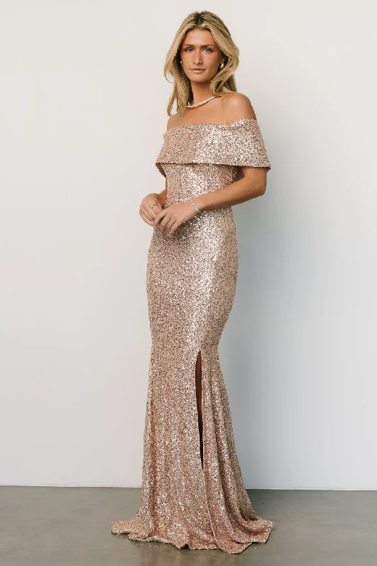 Satin Evening Dress-Yvonne Off Shoulder Sequin Gown | Champagne