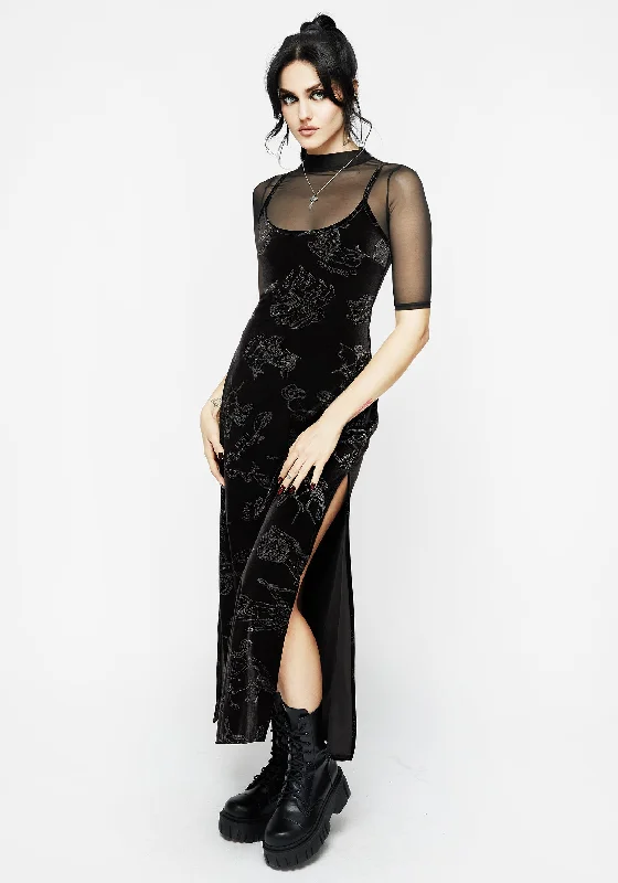 Beaded Cocktail Evening Dress-Zodiac Foil Print Velour Slip Gown