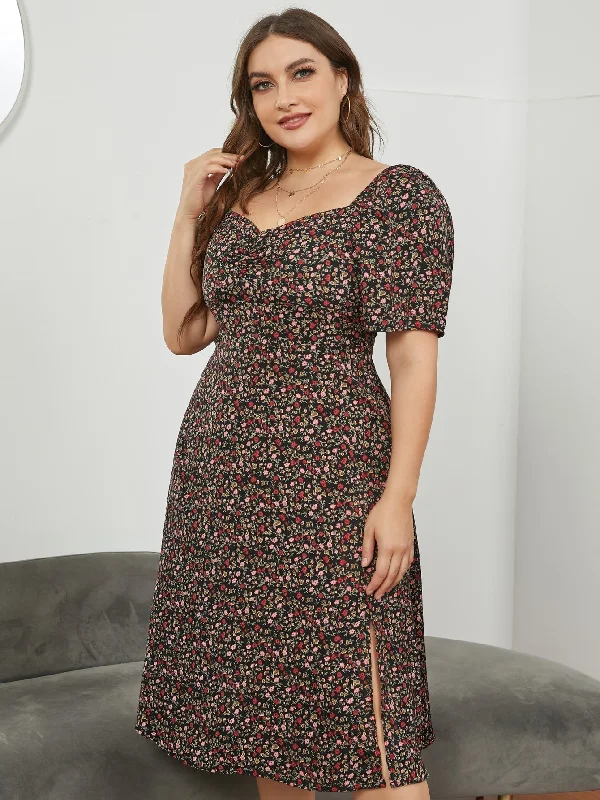 One Shoulder Work Maxi Dresses-KittenAlarm - Plus Size Long floral collar and waist slit Dress