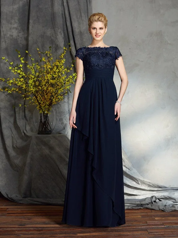 Strapless Formal Maxi Dresses-A-Line/Princess Bateau Applique Short Sleeves Long Chiffon Mother of the Bride Dresses