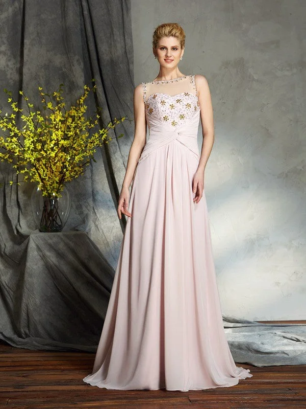 V Neck Beach Maxi Dresses-A-Line/Princess Bateau Applique Sleeveless Long Chiffon Mother of the Bride Dresses