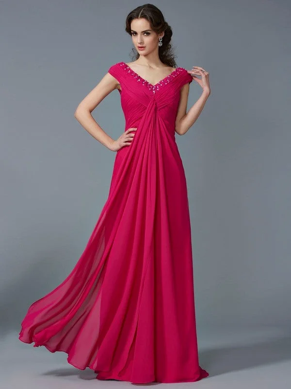 Long Sleeve Boho Maxi Dresses-A-Line/Princess Beading V-neck Short Sleeves Long Chiffon Dresses