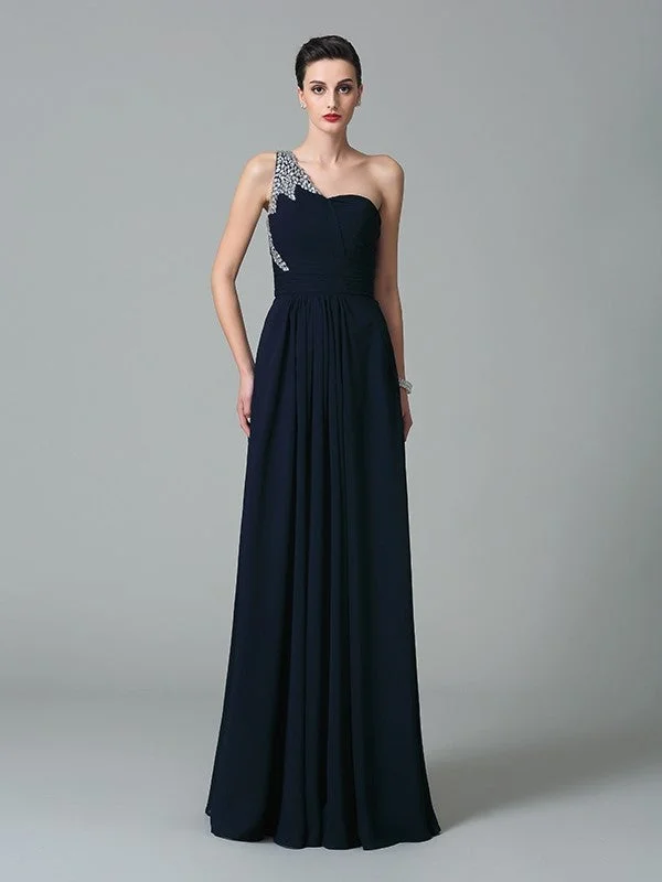 Cocktail Maxi Dresses-A-Line/Princess One-Shoulder Rhinestone Sleeveless Long Chiffon Dresses