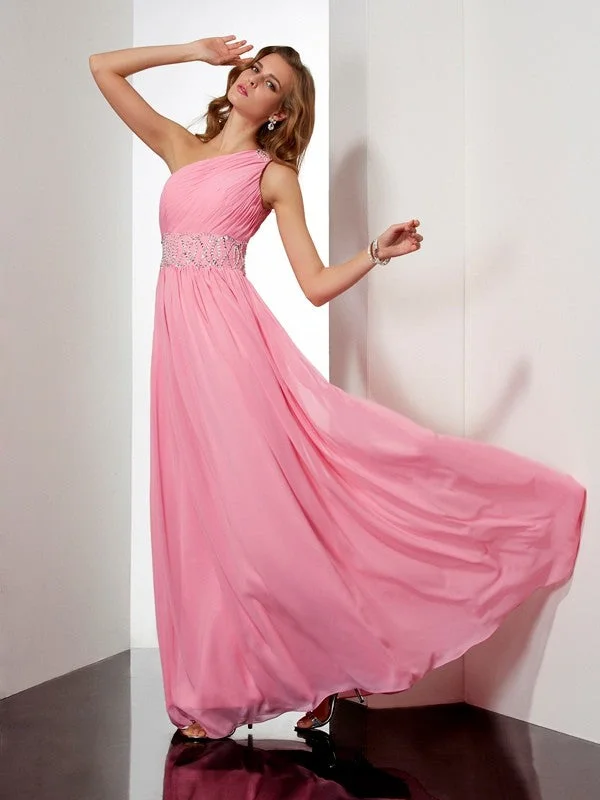 Casual Red Maxi Dresses-A-Line/Princess One-Shoulder Sleeveless Beading Long Chiffon Dresses