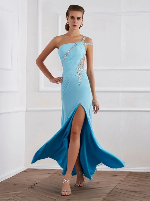 Long Sleeve Summer Maxi Dresses-A-Line/Princess Sleeveless Beading One-Shoulder Long Chiffon Dresses