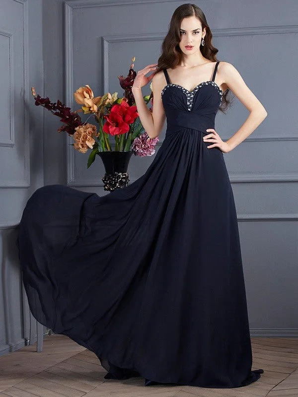 Petite Club Maxi Dresses-A-Line/Princess Spaghetti Straps Sleeveless Beading Long Chiffon Dresses