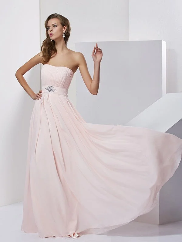 Halter Maxi Dresses-A-Line/Princess Strapless Sleeveless Long Chiffon Dresses