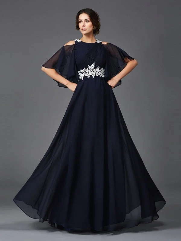 Cheap Club Maxi Dresses-A-Line/Princess Straps Applique 1/2 Sleeves Long Chiffon Mother of the Bride Dresses