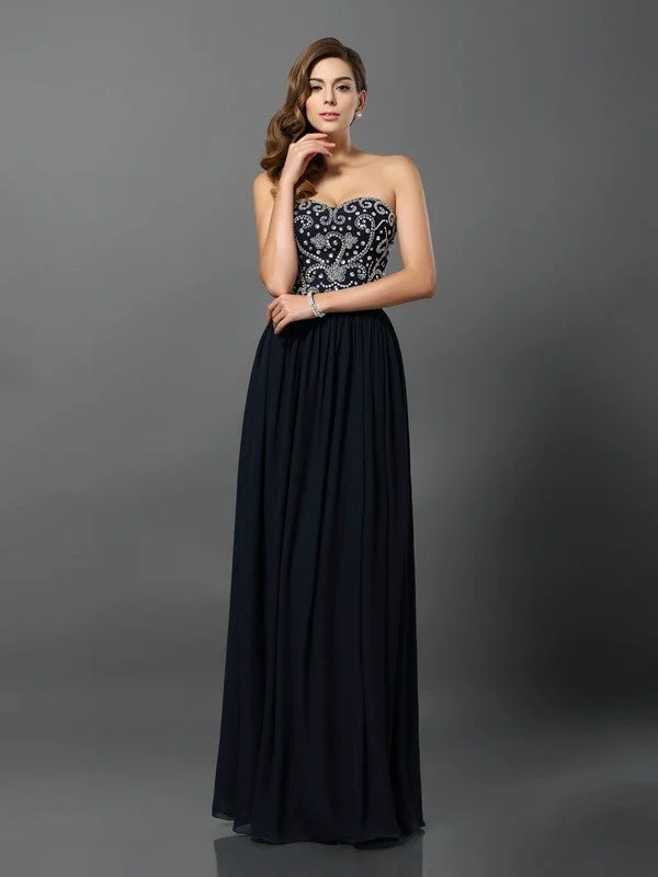 High Neck Work Maxi Dresses-A-Line/Princess Sweetheart Beading Sleeveless Long Chiffon Dresses