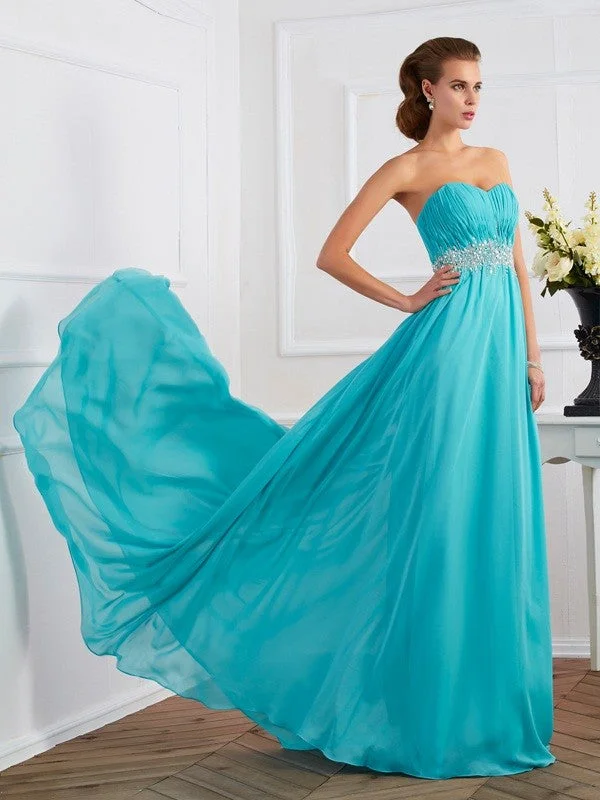 Mesh Maxi Dresses-A-Line/Princess Sweetheart Sleeveless Beading Long Chiffon Dresses