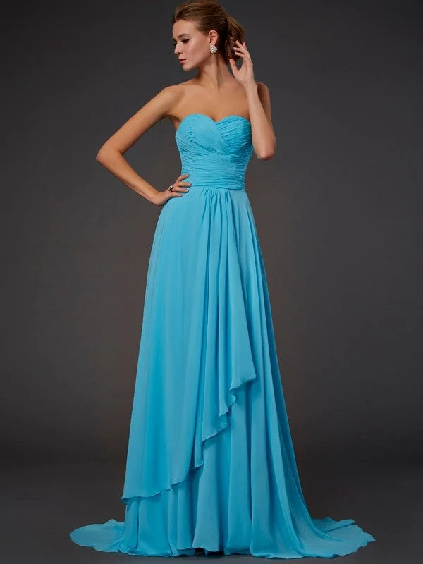 Denim Maxi Dresses-A-Line/Princess Sweetheart Sleeveless Pleats Long Chiffon Dresses