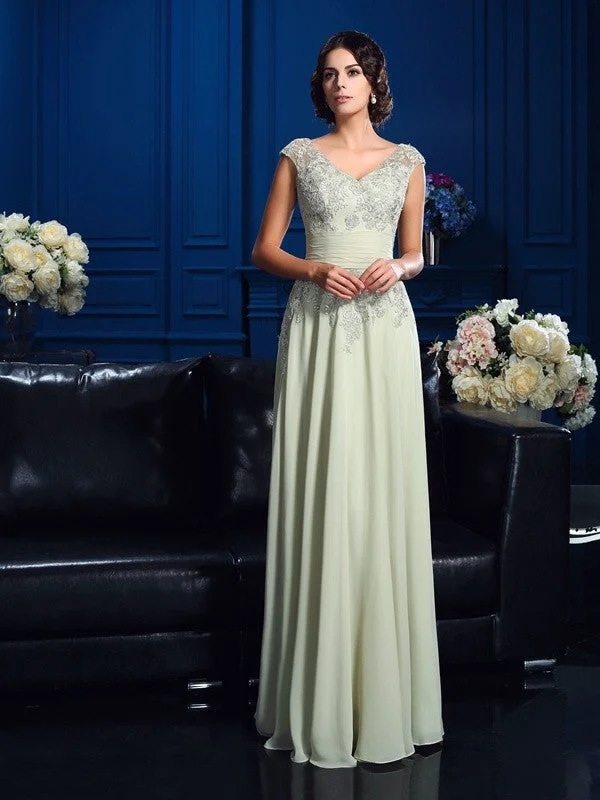 Blue Club Maxi Dresses-A-Line/Princess V-neck Applique Sleeveless Long Chiffon Mother of the Bride Dresses