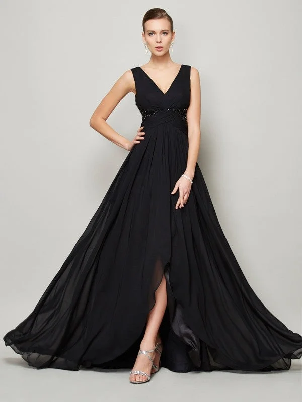 Black Work Maxi Dresses-A-Line/Princess V-neck Sleeveless Beading Long Chiffon Dresses