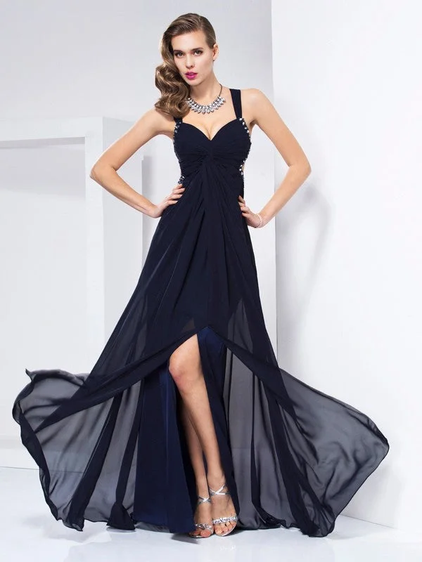 Sequin Work Maxi Dresses-A-Line/Princess V-neck Sleeveless Ruffles Long Chiffon Dresses