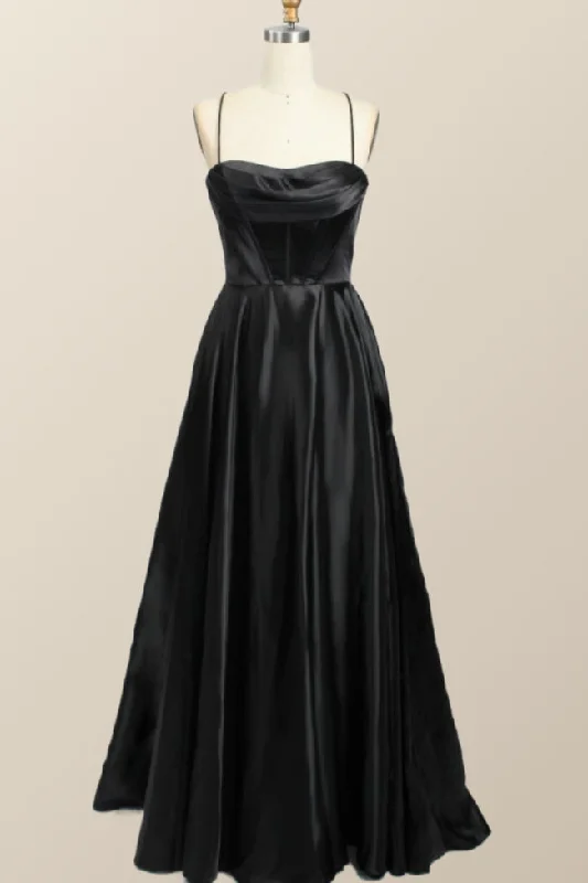 Cotton Formal Maxi Dresses-Black Satin A-line Cowl Neck Long Formal Dress