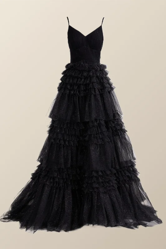 Sexy Winter Maxi Dresses-Black Tiered Ruffles A-line Long Dress