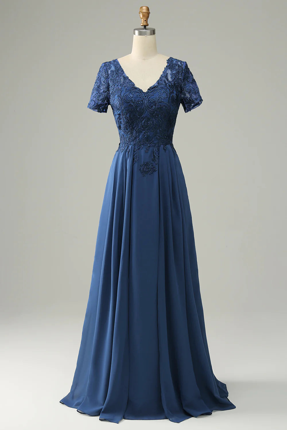 Knit Winter Maxi Dresses-Blue A Line V Neck Mother of Bride Dress with Appliques Long Dress