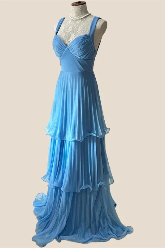 Maternity Club Maxi Dresses-Blue Pleated Chiffon Tiered Long Party Dress