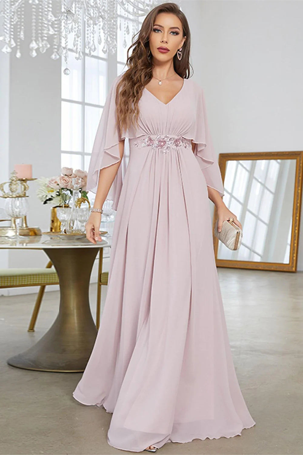 Teens Polka Dot Maxi Dresses-Blush A Line Chiffon Long Formal Dress With Short Sleeves