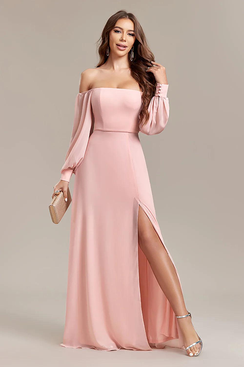 Elegant Embroidered Maxi Dresses-Blush A-Line Off the Shoulder Long Formal Dress with Slit