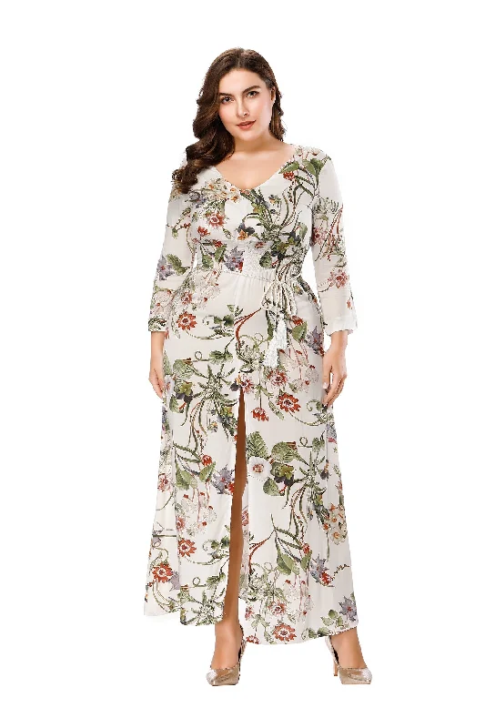 Off Shoulder Vintage Maxi Dresses-KittenAlarm - Bohemia V-neck Three-quarter Sleeve Long Dress