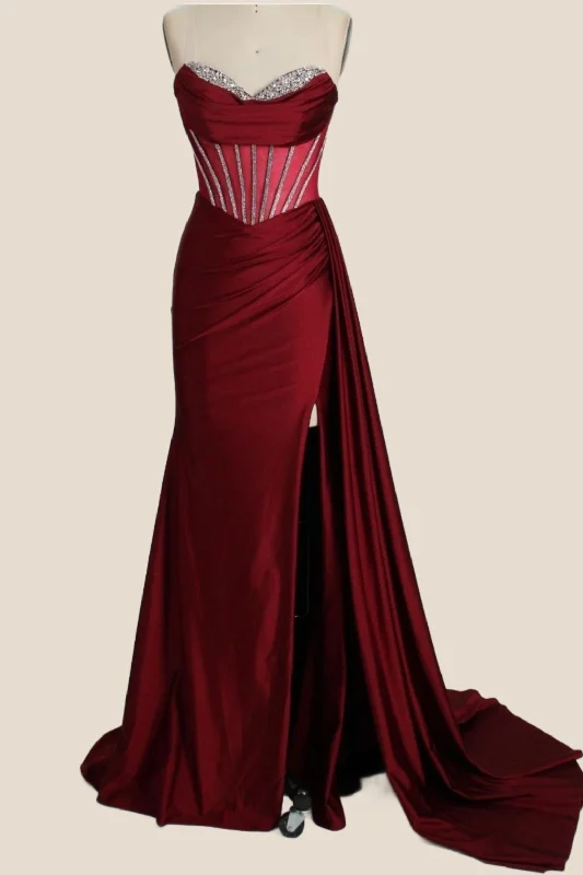 Trendy Party Maxi Dresses-Burgundy Beaded Corset Sheath Long Formal Dress