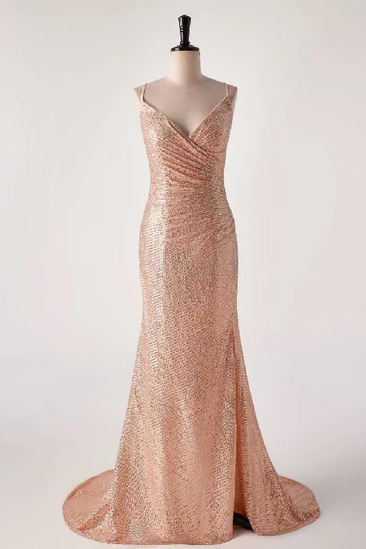 Petite Vintage Maxi Dresses-Champagne Sequin Pleated Mermaid Long Party Dress