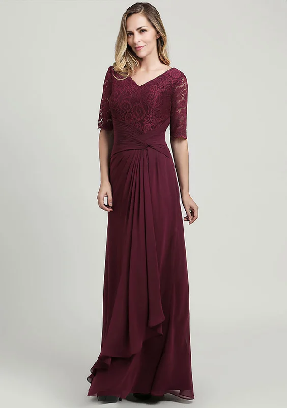 Cotton Sleeveless Maxi Dresses-Chiffon Mother of the Bride Dress V Neck Half Sleeve Long With Ruffles Pleated Lace