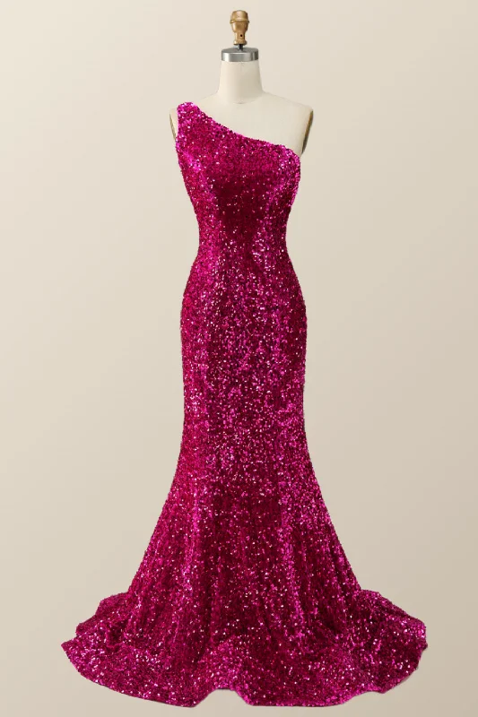 One Shoulder Formal Maxi Dresses-Fuchsia Sequin One Shoulder Mermaid Long Formal Dress