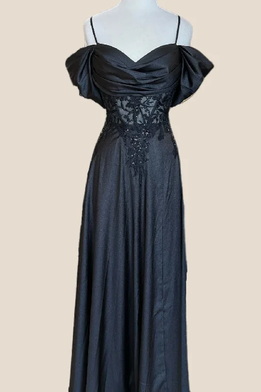 Black Winter Maxi Dresses-Cowl Neck Black Appliques Long Dress with Slit