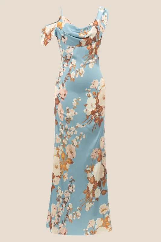 Mesh Casual Maxi Dresses-Cowl Neck Blue Floral Print Mermaid Long Dress