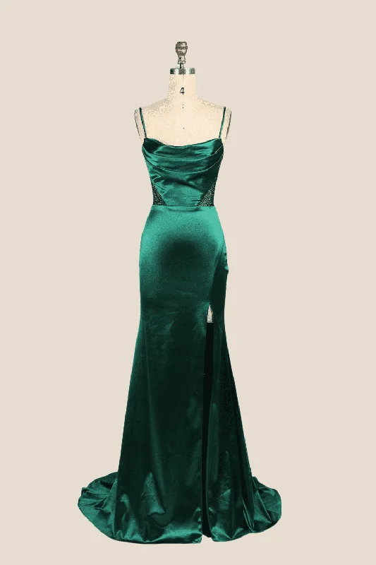 Sequin Summer Maxi Dresses-Cowl Neck Emerald Green Beaded Long Dress