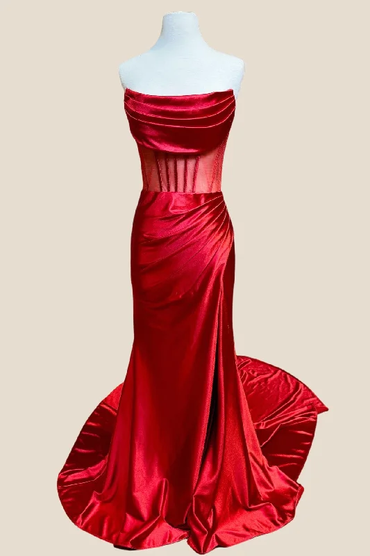 Sexy Summer Maxi Dresses-Cowl Neck Red Ruched Long Dress with Slit