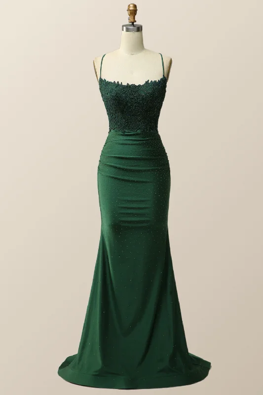 Halter Summer Maxi Dresses-Dark Green Mermaid Appliques Long Formal Dress