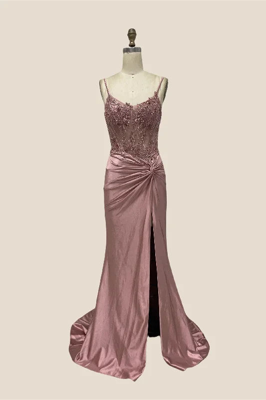 Petite Winter Maxi Dresses-Dusty Rose Beaded Ruched Mermaid Long Dress