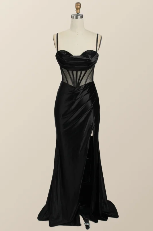 Denim Casual Maxi Dresses-Black Mermaid Satin Long Formal Dress