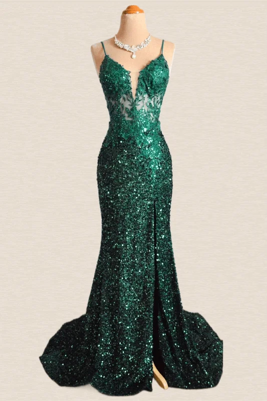 Embroidered Summer Maxi Dresses-Emerald Green Sequin Mermaid Long Party Dress