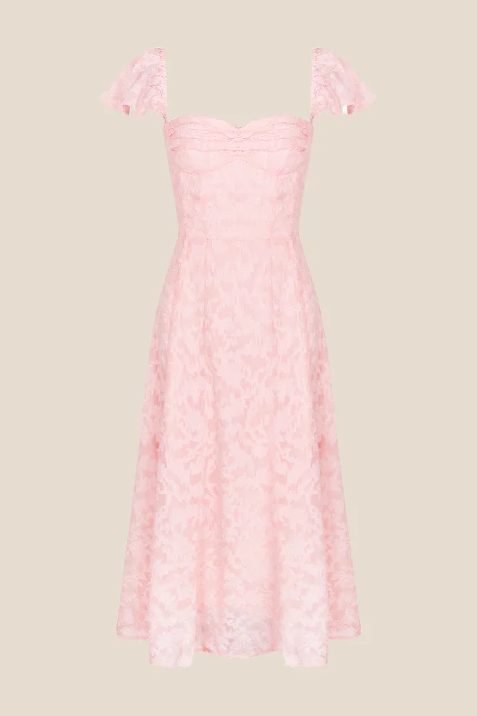 Teens Winter Maxi Dresses-Flare Sleeves Pink Ruched A-line Long Dress