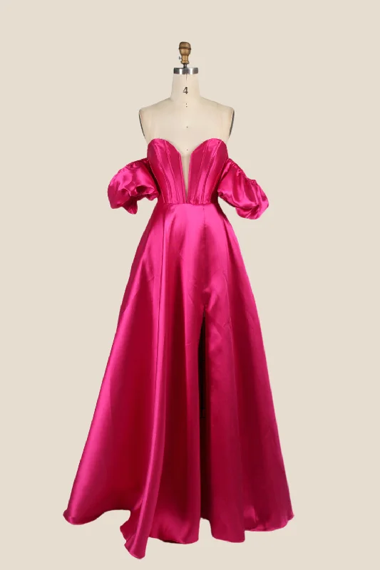 Cotton Red Maxi Dresses-Fuchsia A-line Long Dress with Removable Sleeves