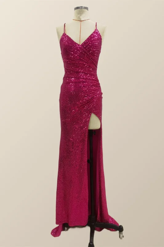 High Neck Boho Maxi Dresses-Fuchsia Sequin Mermaid Long Party Dress