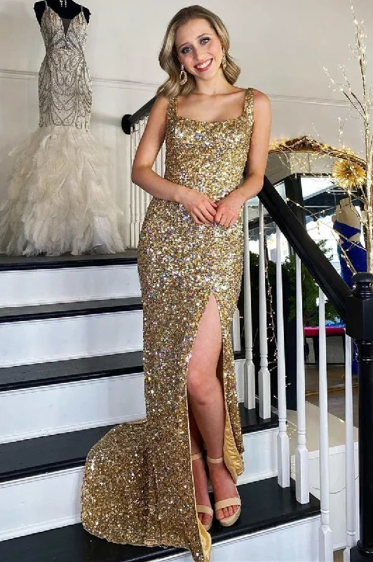 Sequin Summer Maxi Dresses-Gold Sequin Square Neck Backless Mermaid Long Formal Dress with Slit