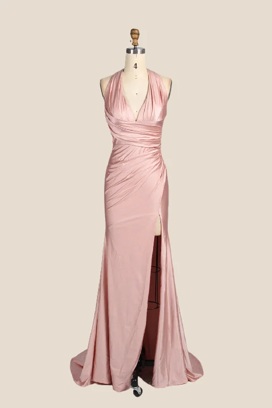 Beaded Grey Maxi Dresses-Halter Blush Pink Ruched Long Dress with Slit