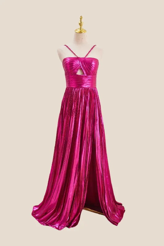 Long Sleeve Maxi Dresses-HalterFuchsia Pleated Metallic Long Dress