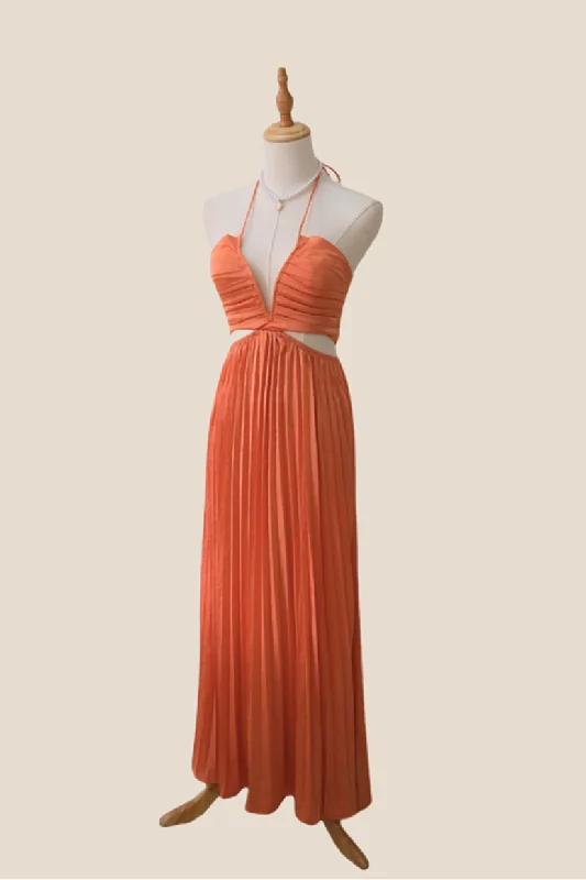 One Shoulder Green Maxi Dresses-Halter Orange Cutout Pleated Chiffon Long Dress