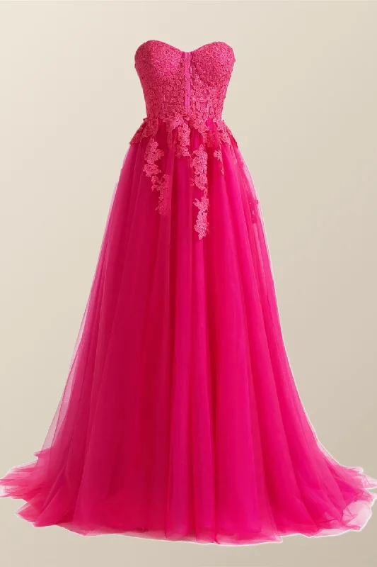 Striped Club Maxi Dresses-Hot Pink Lace Appliques A-line Long Dress