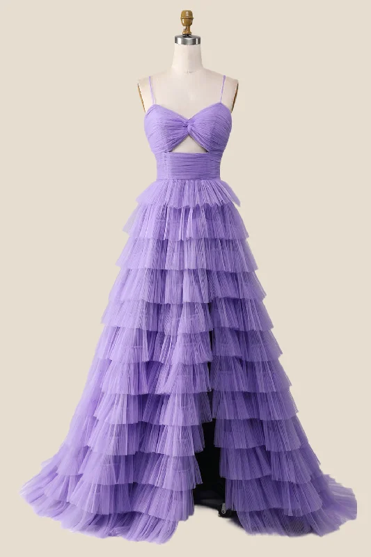 Cheap Casual Maxi Dresses-Knotted Purple Tulle Tiered Long Party Dress