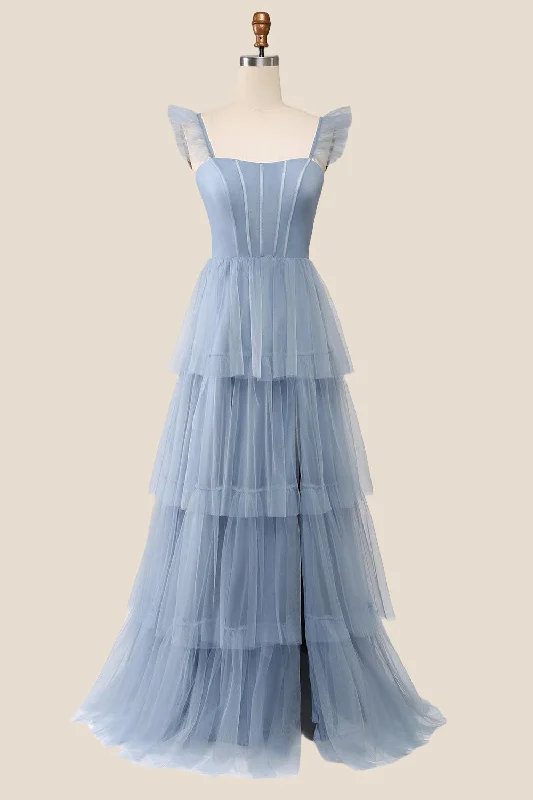 Petite Vintage Maxi Dresses-Blue Tulle Tiered A-line Long Dress