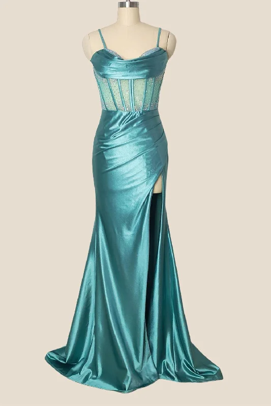 Summer Maxi Dresses-Light Teal Beaded Sheer Mermaid Long Dress